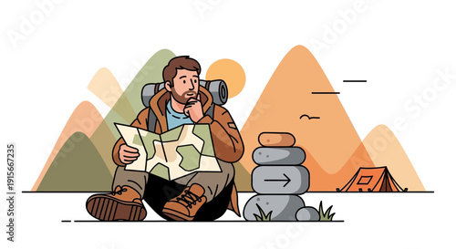 Adventurer Consults Map Amidst Scenic Mountain Landscape and Camping Setup