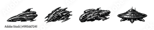 Spaceship designs flat vector icons set: futuristic, sci-fi, alien ships collection