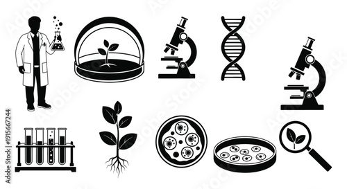 Scientific research icons depicting biology genetics and laboratory work