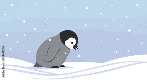 A Young Penguin Gazing at the Falling Snowflakes in a Wintery Landscape