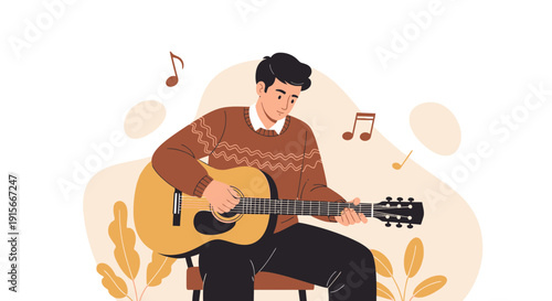 A Young Man Serenading With His Acoustic Guitar, Capturing Musical Harmony and Melody