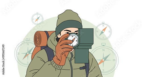 Adventurer Consults Compass Navigating Outdoor Expeditions