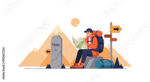 Adventurer Consults Map At Mountain Trail Junction