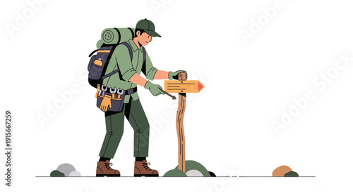 Adventurer Consults Directional Trail Marker With Tool Belt