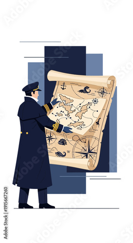 A Navigator Examining An Ancient Map Reveals Maritime Exploration And Discovery Adventures
