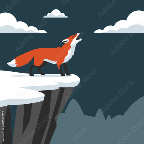 A Mystical Fox Howls At The Night Sky Over A Snowy Cliff Top Silhouette Scene