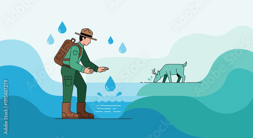 A Park Ranger Examining Water Quality Near A Deer In A Natural Ecosystem
