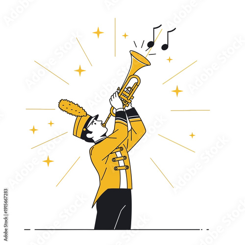 A Young Trumpeter Performing in a Band Uniform with Musical Notes and Radiant Burst