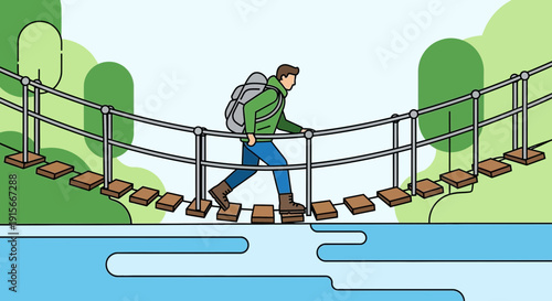 Adventurer Crossing Suspended Bridge Over Water