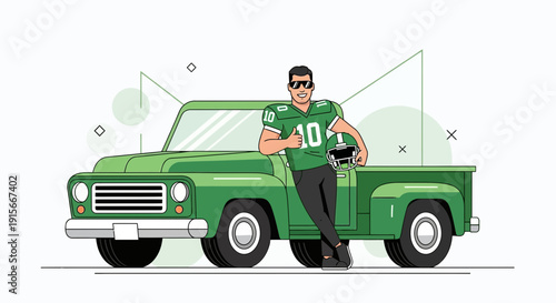American Football Player With Vintage Green Truck Sport Lifestyle