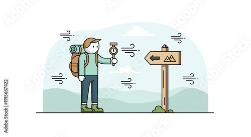 Adventurer Navigating Choices At A Fork In The Trail With Compass
