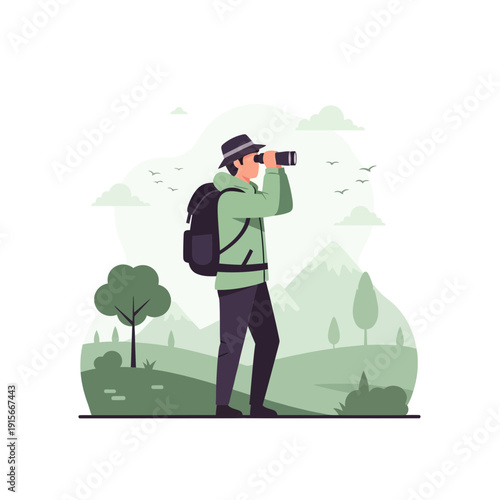 Adventurer Observing Serene Wilderness Using Binoculars, Revealing Scenic Mountain Vistas