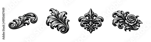 Decorative ornament flat vector icons set: vintage floral and baroque elements collection