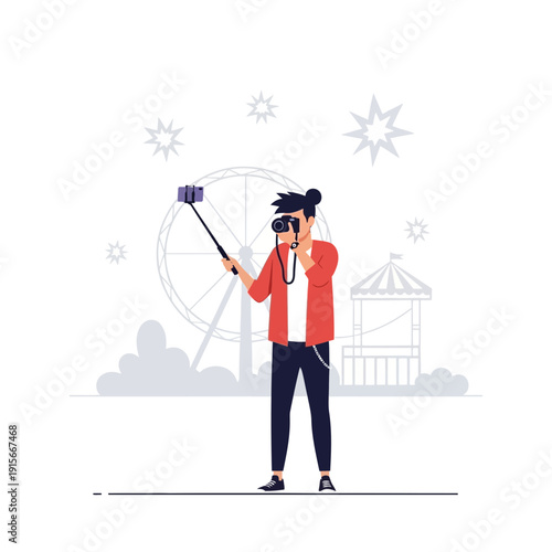 Amusement Park Fun Capturing Memories with a Selfie Stick and Camera