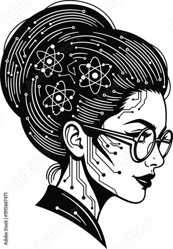 Innovative scientist with futuristic hairstyle and atomic hair accessories isolated on transparent background, Vector