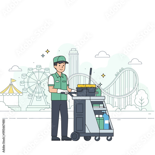 Amusement Park Sanitation Specialist With Cleaning Supplies Ready For Duty