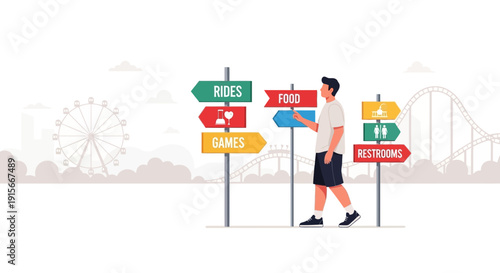 Amusement Park Navigation Man Chooses Entertainment Direction Signpost