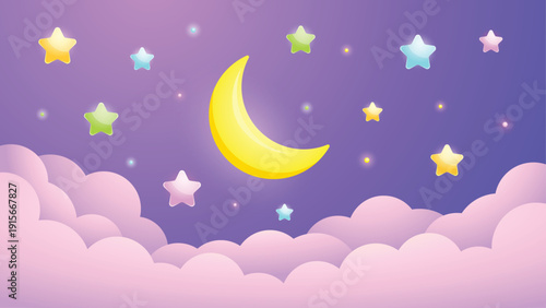 Cute vector illustration of a night sky with colorful stars, moon, and soft clouds. Adorable  lullaby artwork for children