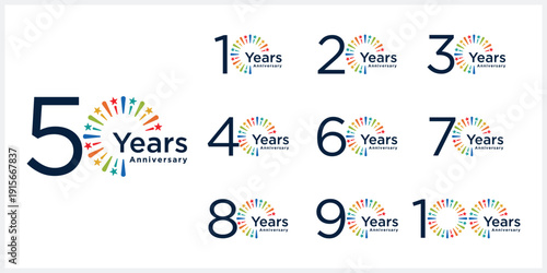 Set of collection 10 to 100 anniversary logo design, firework colorful for celebration happy new year and birthday logo graphic vector template