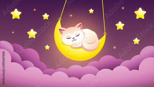 Cute vector illustration of a sleeping cat on the moon under a starry night sky. Adorable lullaby-themed image for children