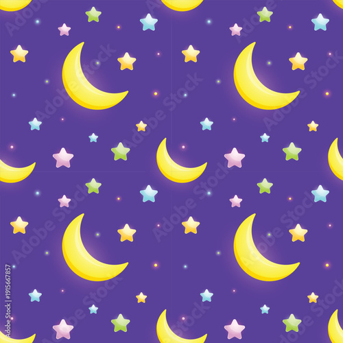 Seamless pattern of a cute night sky with colorful stars and a crescent moon. Adorable lullaby illustration for children, for nursery design, baby textiles, or kids’ products.