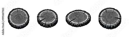 Tree rings flat vector icons set - wood, timber, log cut cross sections collection