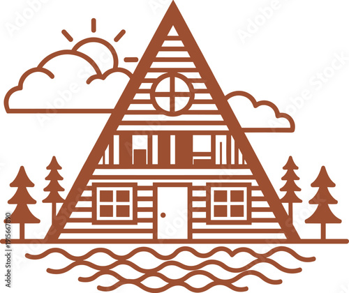 A rustic cabin nestled by a serene lakeside with mountain backdrop under a bright sky isolated on transparent background, Vector