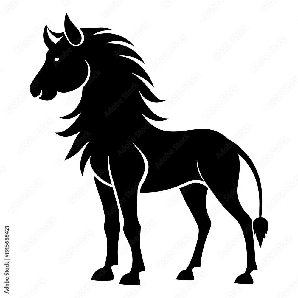 Obraz premium A black horse vector illustration featuring a wild stallion silhouette running at full speed, capturing a powerful equine gallop through an artistic cartoon outline of a farm animal in nature