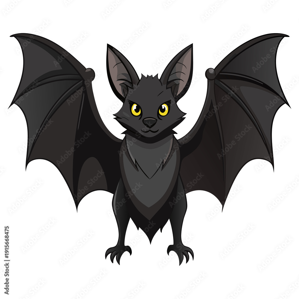 Obraz premium Cute cartoon illustration of a funny black cat with bat wings flying on a broom through a dark Halloween night under a vampire moon vector design
