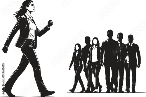 Businesswoman walking alone ahead of a group of people in silhouette