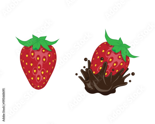 vector design of two strawberries where the fruit on the right side appears to be covered in chocolate liquid and the fruit on the left side appears to be a whole strawberry without any chocolate liqu