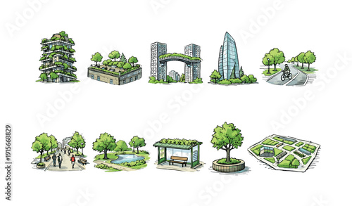 Urban landscape outline icon set. Eco-friendly, green city, sustainable icons collection