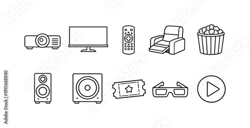 Home theater line icon set. Entertainment, media, leisure icons in outline style