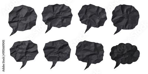 Eight black crumpled paper speech bubbles isolated on a white background, suggesting hidden thoughts or difficult communication