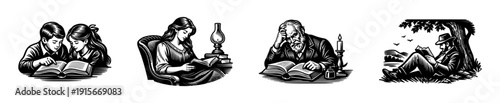 Reading flat vector icons set: vintage illustrations, people studying, classic literature scenes