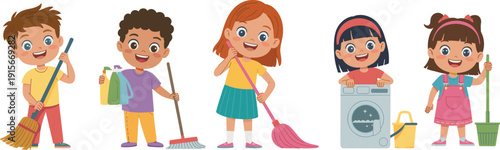Set of cute diverse children doing household chores including sweeping with brooms, holding cleaning supplies, and using a washing machine, flat vector illustration