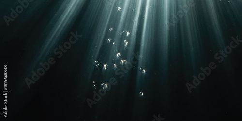 Sunbeams pierce through the dark water, illuminating rising bubbles in a deep ocean scene.