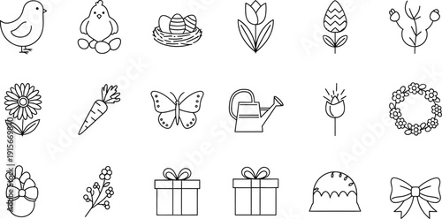 Collection of charming hand drawn black outline icons representing spring themes including baby birds eggs flowers butterflies carrots gifts and festive decorations for holiday design projects