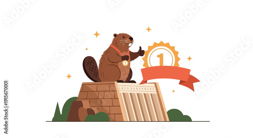 Animated Beaver Champion Gives Thumbs Up With Medal On Podium