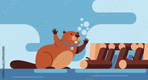 Animated Beaver Preparing Wood Construction On A Lakeside With Abstract Blue Background
