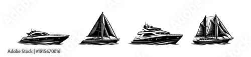 Flat vector icons set of marine vessels: boats, yachts, and cruise ships illustrations