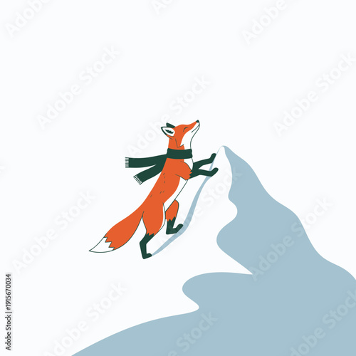 Animated Fox Endeavoring Altitude Conquest, Sporting Scarf, Achieving Mountain Ascent, White