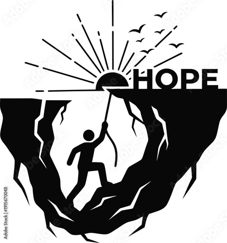 Person climbing out of a dark abyss towards sun and hope text, symbolic representation of overcoming depression and finding strength.