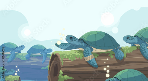 Animated Sea Turtles Swimming Together in Calm Ocean Waters Amidst Sun and Bubbles
