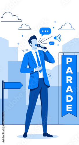 Announcer Commanding Attention at Vibrant Urban Parade Event