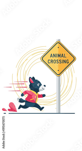 Animated Wolf Character Flees Past Animal Crossing Sign Swiftly