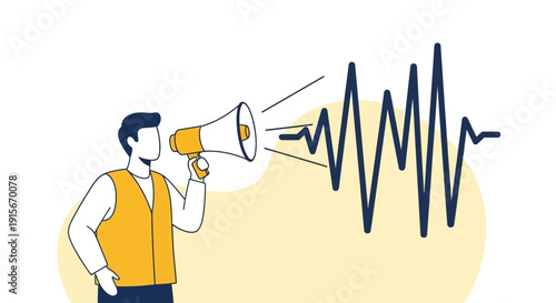Announcer With Megaphone Amplifies Soundwave Illustration Against Pastel Background
