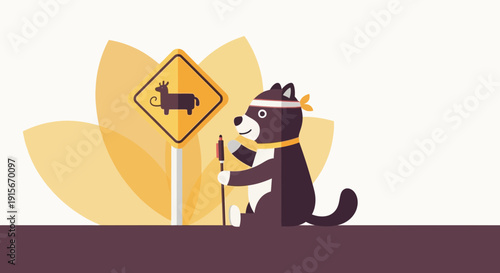 Anthropomorphic Dog Adorning A Headband And Scarf Holds A Staff Near A Wild Animal Warning Sign