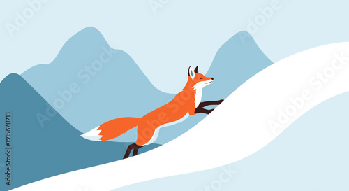 Arctic Fox Ascending Snowy Mountain Slope With Blue Background