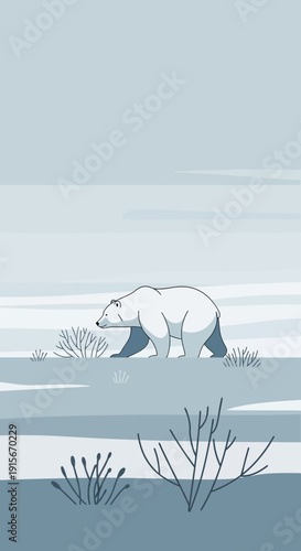 Arctic Wildlife Solitary Polar Bear Navigating Icy Tundra Landscape
